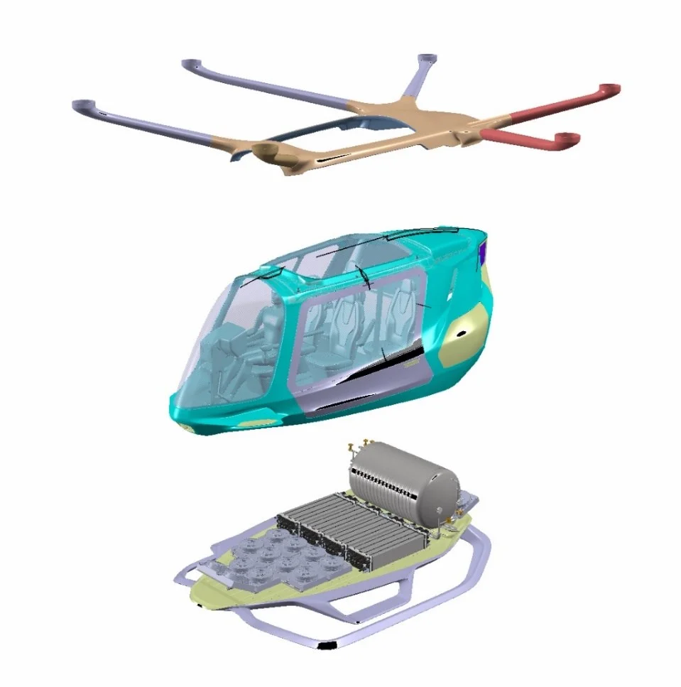 Exploded structural CAD view of the Alakai carbon-fiber monocoque eVTOL cockpit and landing-gear interfaces
