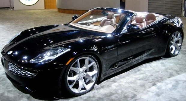 Dark Fisker Sunset prototype showing coupe-to-convertible upper body proportions