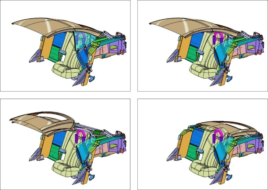 Four-step CAD sequence of the Fisker Sunset retractable hardtop folding over rear seating and package structure