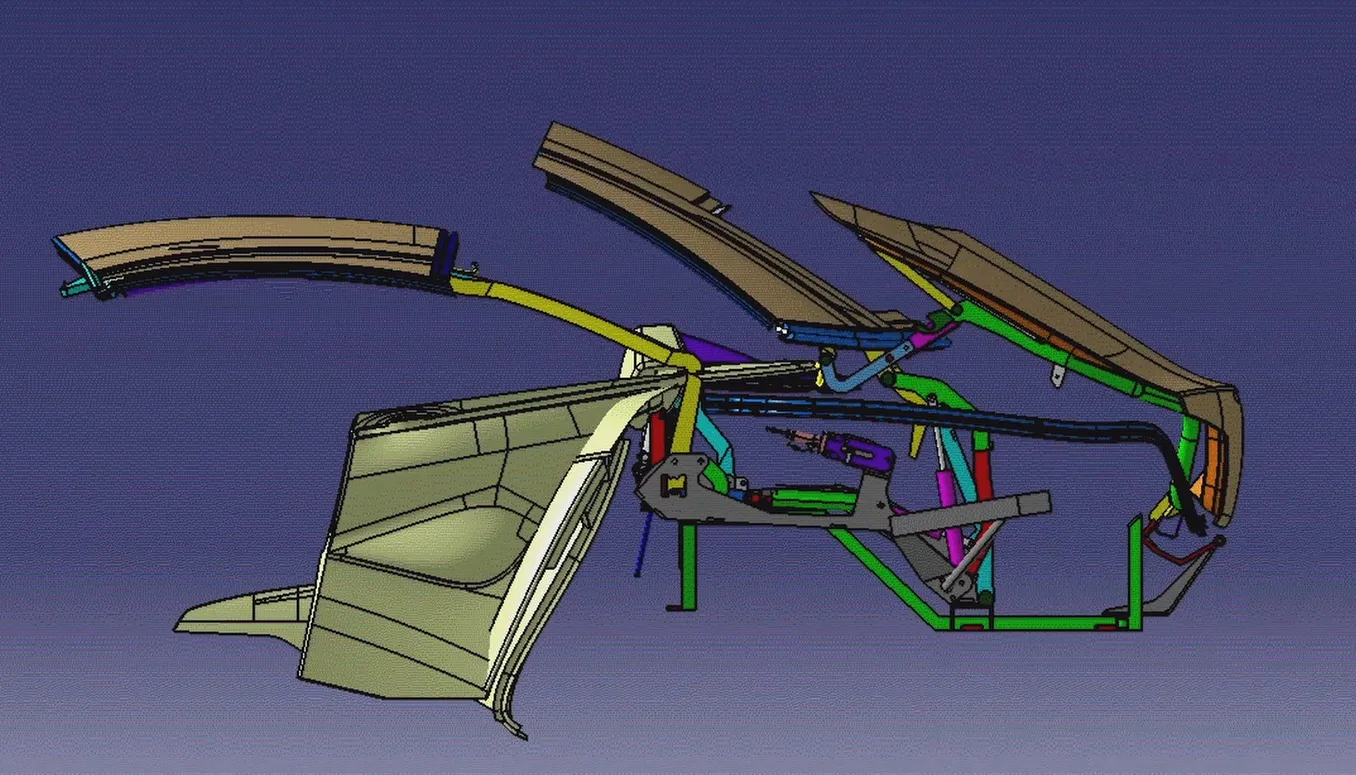 Fisker Sunset retractable hardtop CAD frame 3 of 13: rear glass and header unlatching
