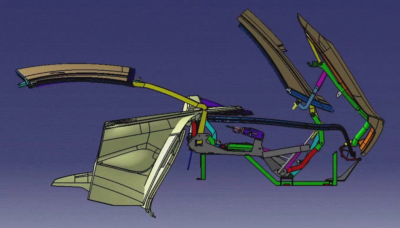 Fisker Sunset retractable hardtop CAD frame 4 of 13: main linkage lifting roof panel