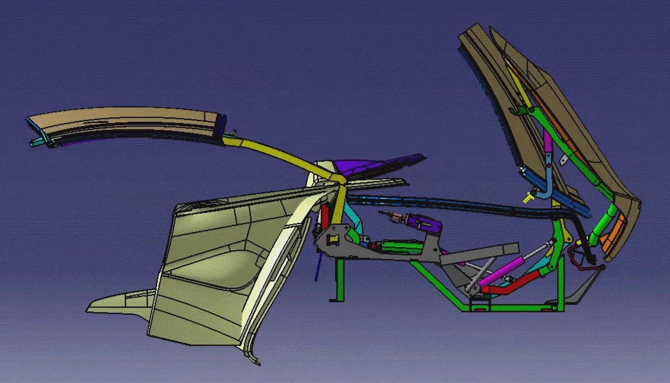 Fisker Sunset retractable hardtop CAD frame 5 of 13: roof panels separating along kinematic path