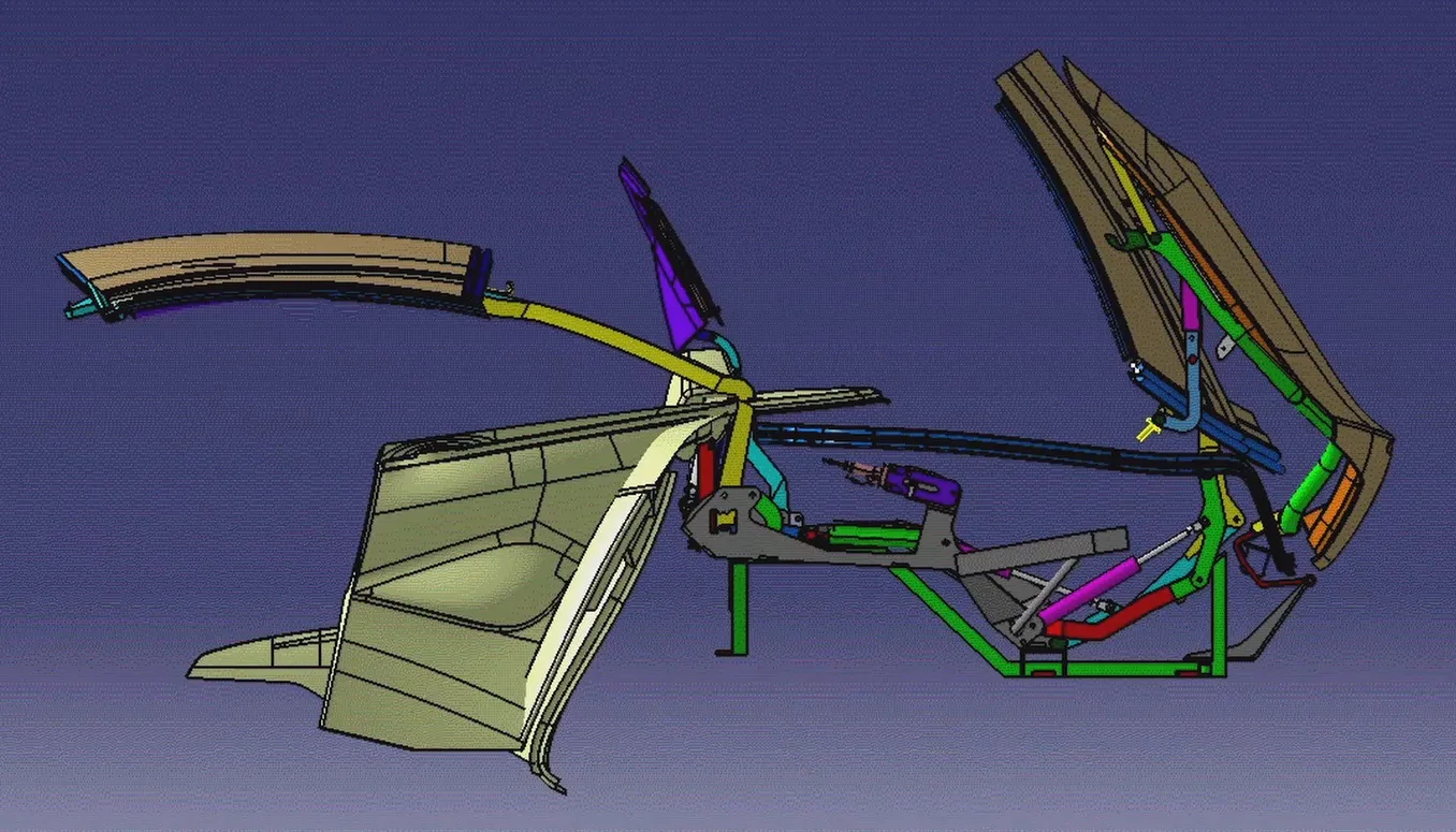 Fisker Sunset retractable hardtop CAD frame 6 of 13: mid-cycle linkage articulation