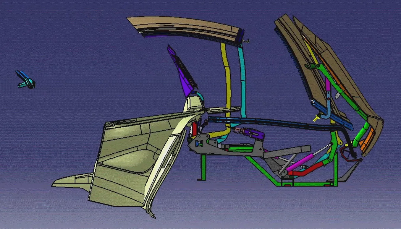 Fisker Sunset retractable hardtop CAD frame 7 of 13: roof panels folding rearward