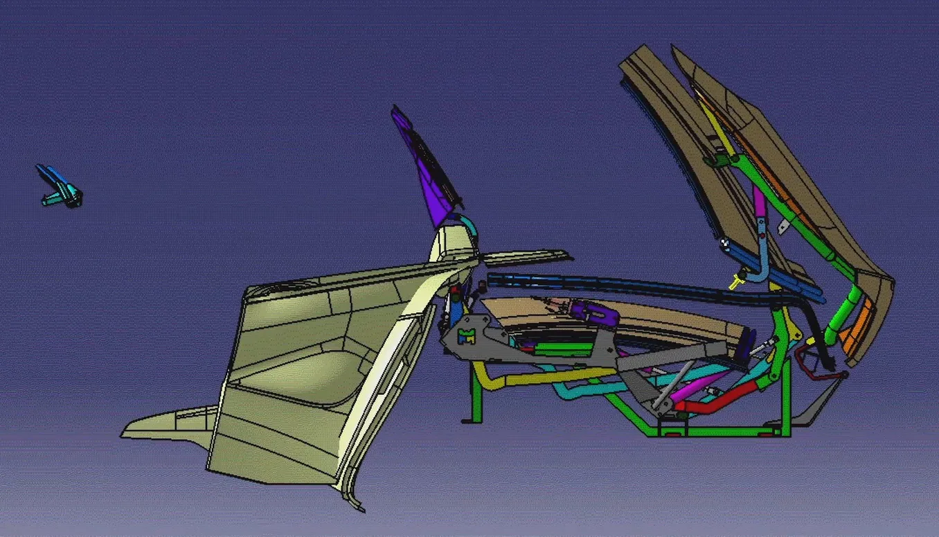 Fisker Sunset retractable hardtop CAD frame 8 of 13: nested panels clearing rear bulkhead