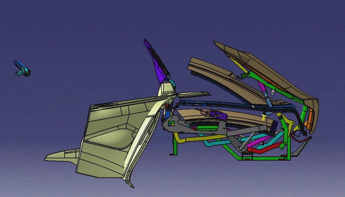 Fisker Sunset retractable hardtop CAD frame 9 of 13: roof stack descending into rear package well