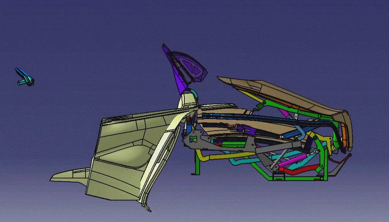Fisker Sunset retractable hardtop CAD frame 10 of 13: compact stack entering tonneau volume