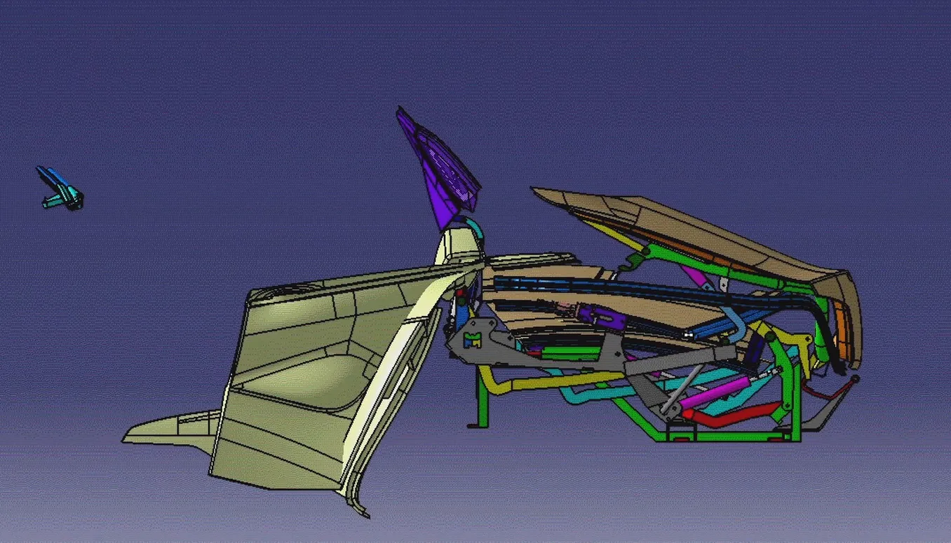 Fisker Sunset retractable hardtop CAD frame 11 of 13: linkage approaching lower hardstop