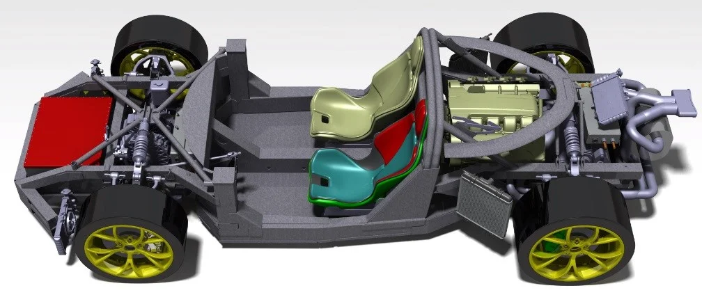 LaMarc hypercar complete-vehicle chassis CAD showing primary structure, front and rear suspension geometry, packaging, and mid-engine integration