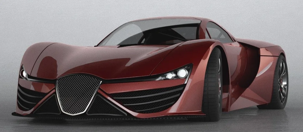 LaMarc 1,500-hp hybrid hypercar front three-quarter view showing low aerodynamic nose, front splitter, and sculpted side intakes