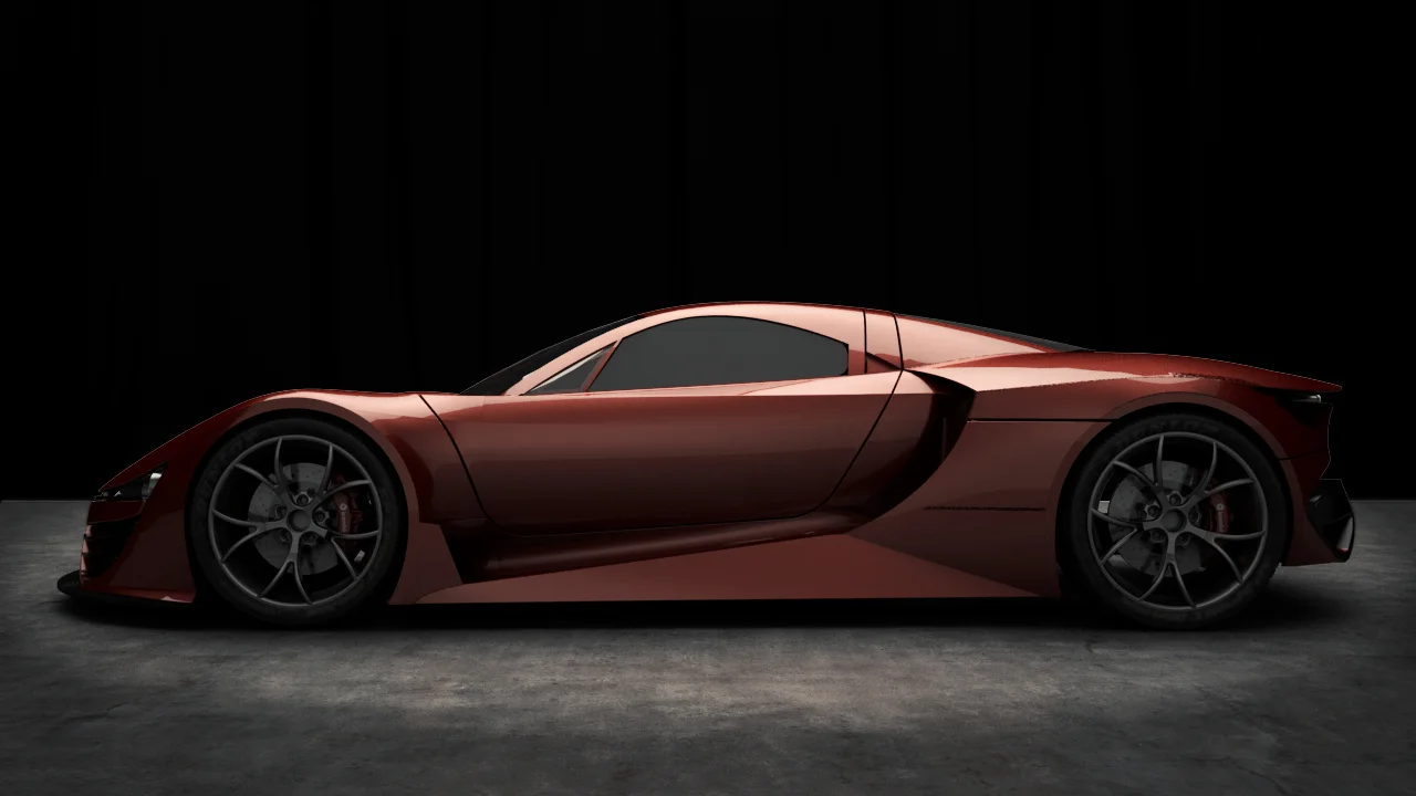 LaMarc hybrid hypercar side profile in a dark studio highlighting cab-forward greenhouse and rear intake proportion