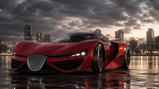 Red LaMarc hybrid hypercar photographed outdoors at a waterfront at night