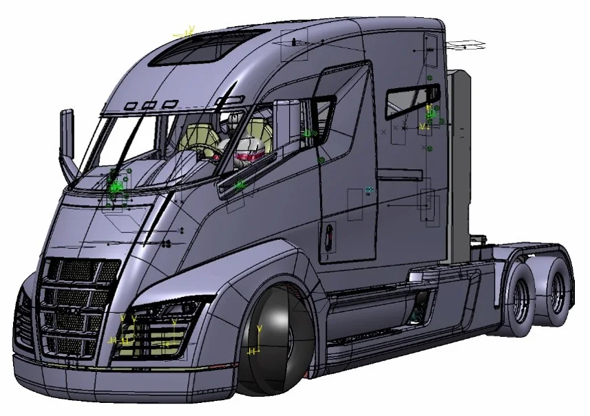 Nikola One complete cab CAD assembly showing exterior surfaces, interior seating package, and structural interfaces