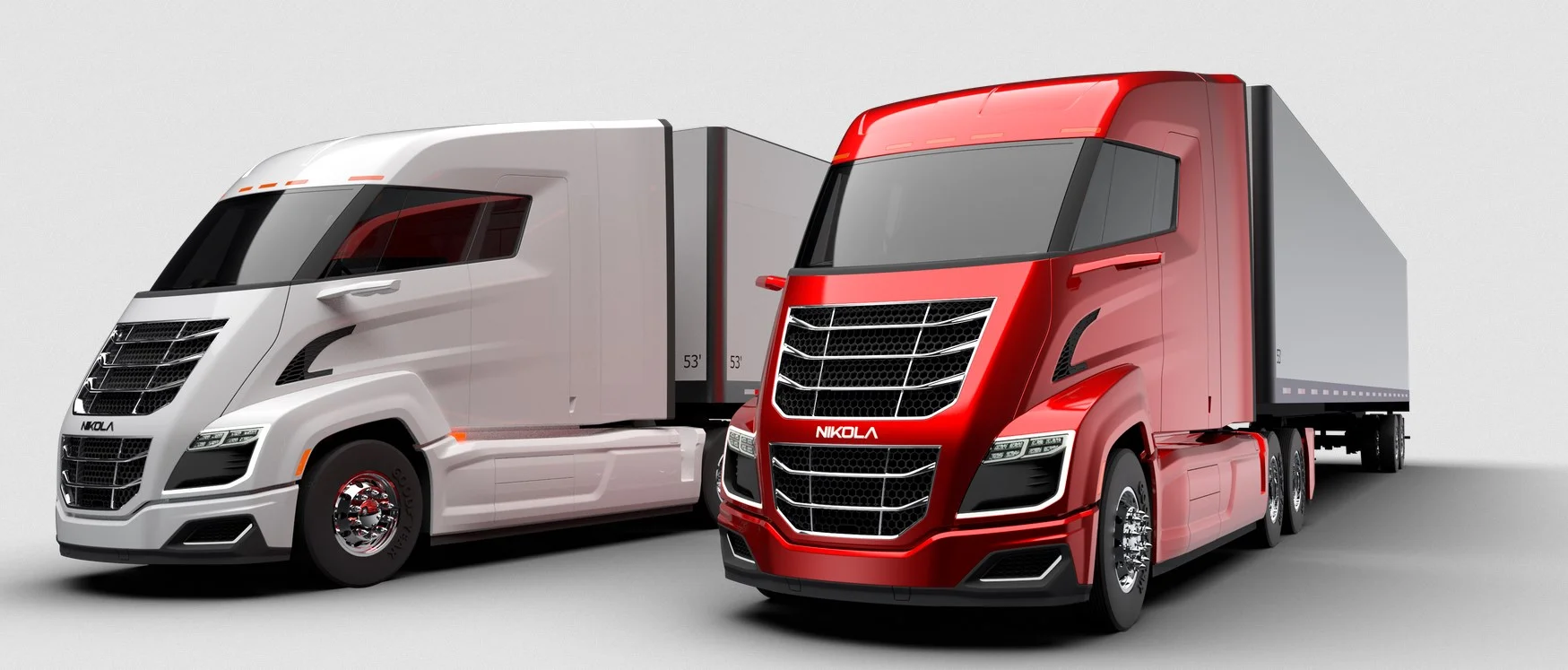 Nikola Two and Nikola One hydrogen-electric semi trucks parked side by side