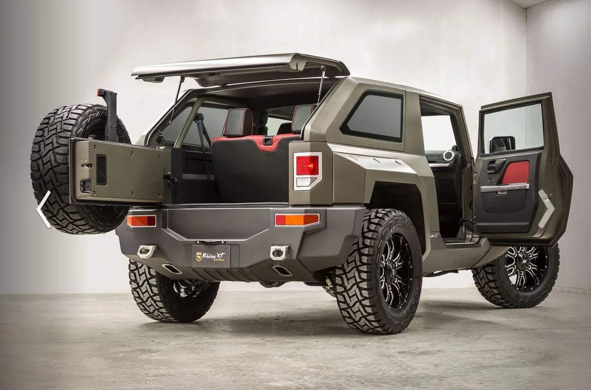 Rear view of finished USSV Rhino XT with doors open showing closure fit and trim